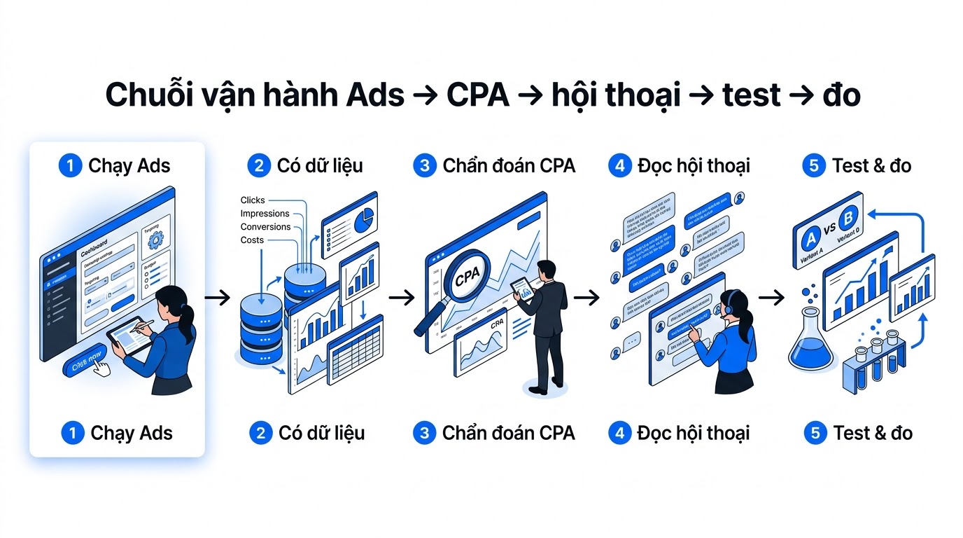 Chuỗi hệ thống Ads → CPA → hội thoại → test → đo (minh họa)