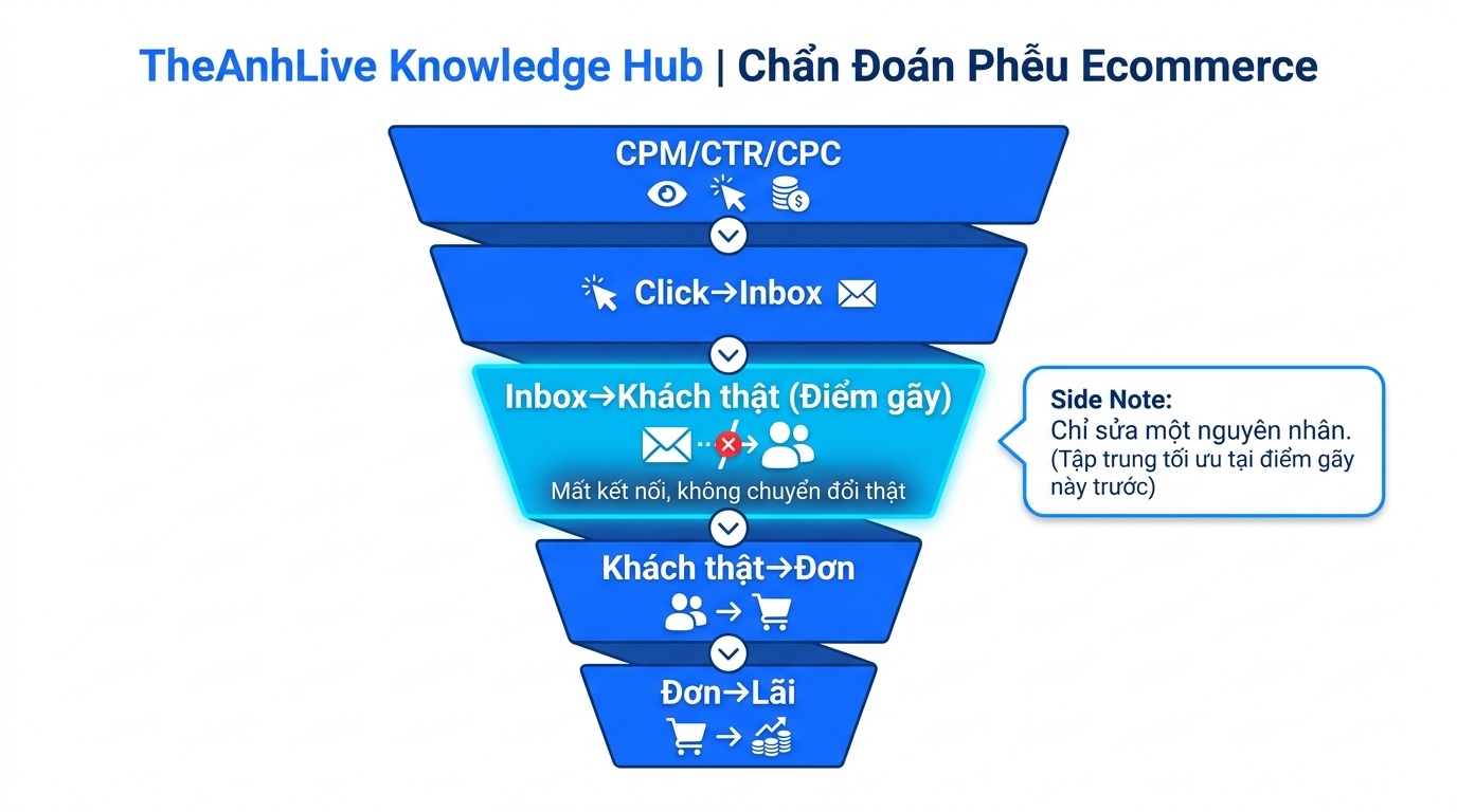Phễu tìm điểm gãy: CPM → Inbox → khách thật → đơn → lãi