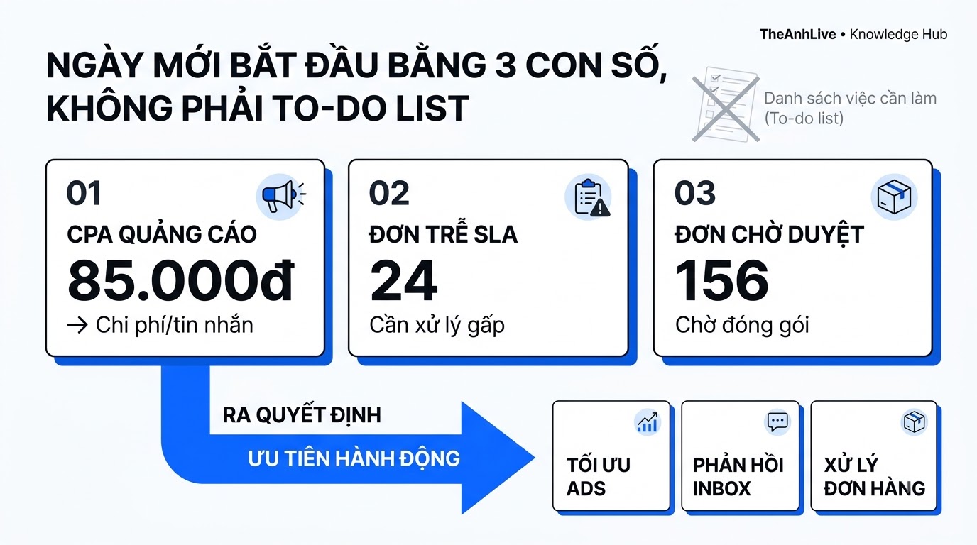 Ba số sáng: CPA tin, tin trễ SLA, đơn chờ (minh họa)