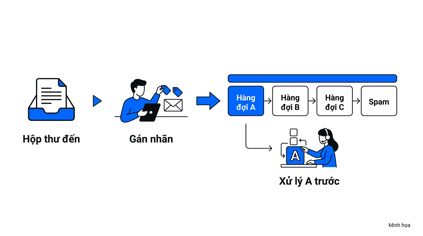 Agent lọc inbox: nhãn → hàng đợi → người mở tin A trước