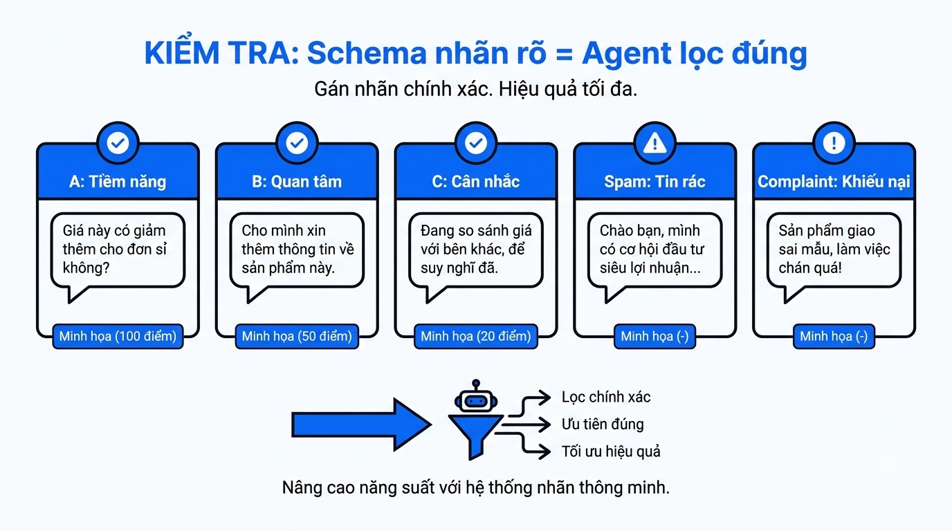 Schema nhãn A B C Spam Khiếu nại với ví dụ câu chat