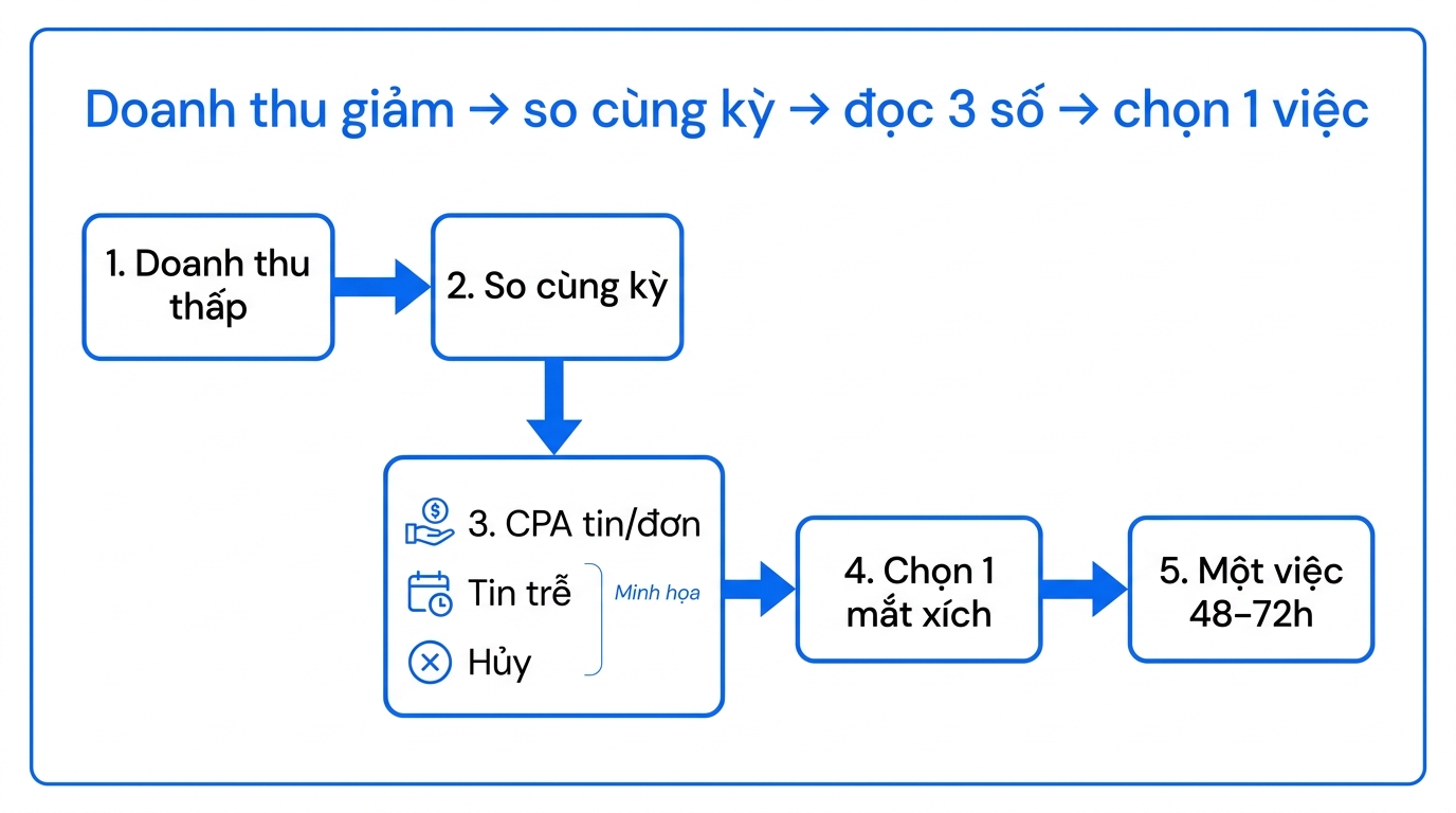 Cây kiểm tra khi doanh thu giảm: cùng kỳ → Ads/Inbox/Đơn → một việc