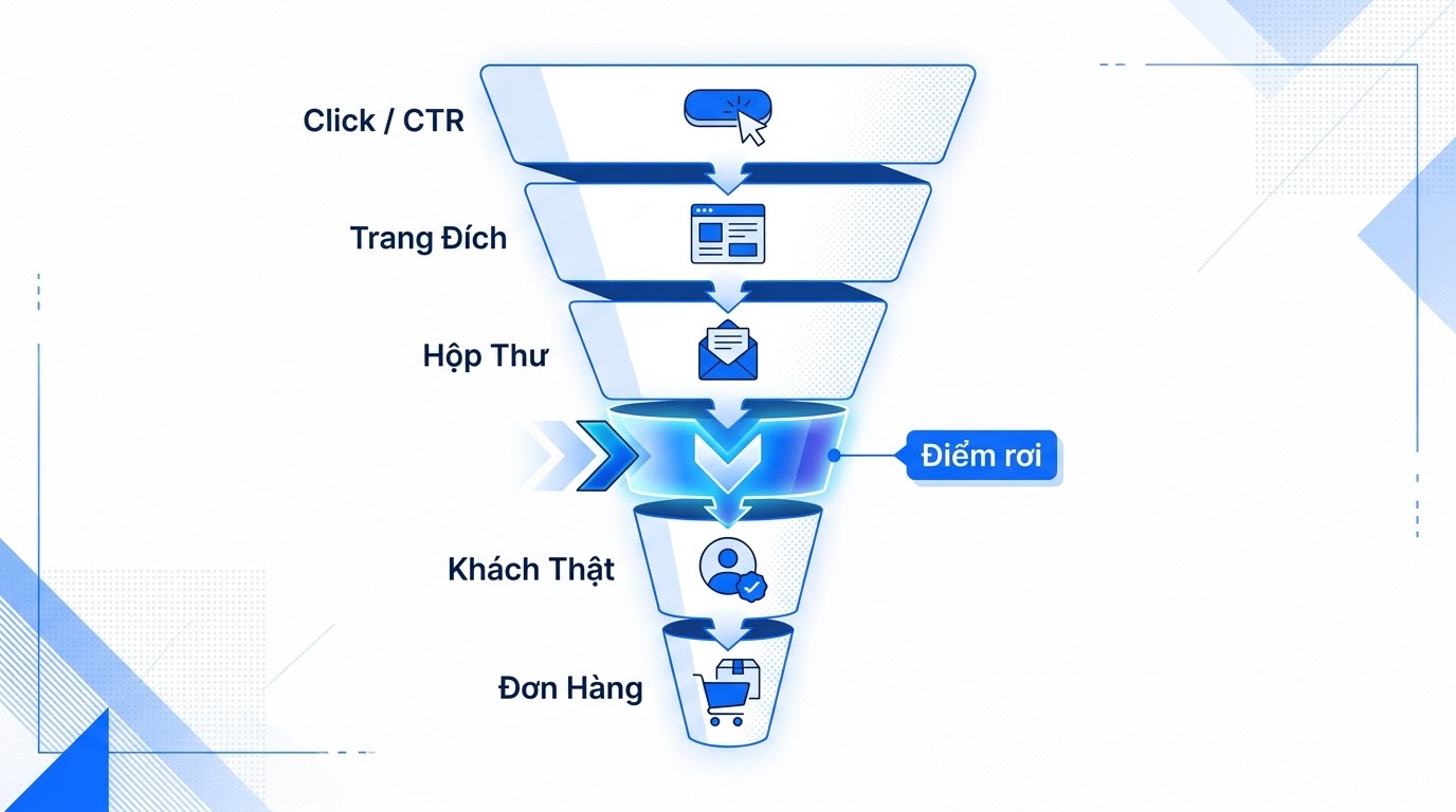 Phễu sau click: Landing/Page → Inbox → Khách thật → Đơn