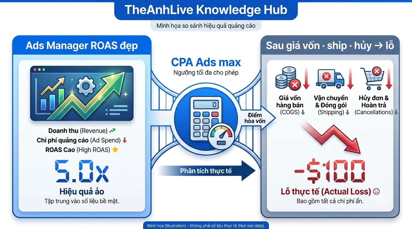 ROAS Ads Manager vs lãi thật sau vốn–ship–hủy (minh họa)