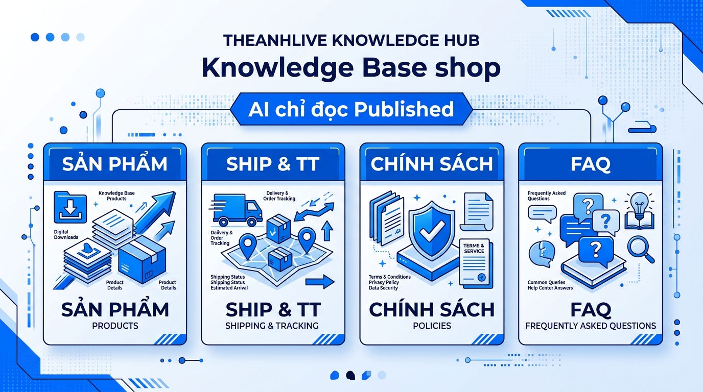 Bốn khối KB: Sản phẩm · Ship/TT · Chính sách · FAQ