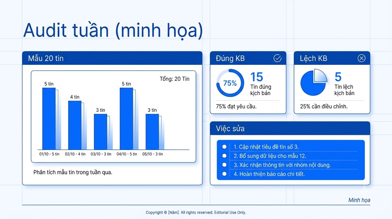 Audit tuần: lấy 20 tin AI đã đề xuất → chấm đúng/sai KB