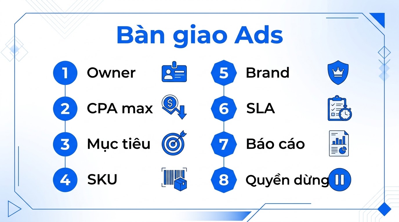 Checklist bàn giao Ads: quyền · trần · SOP · báo cáo