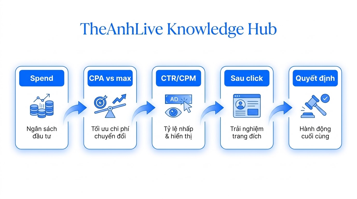 Thứ tự 10 phút: Spend → CPA → CTR/CPM → chất lượng sau click