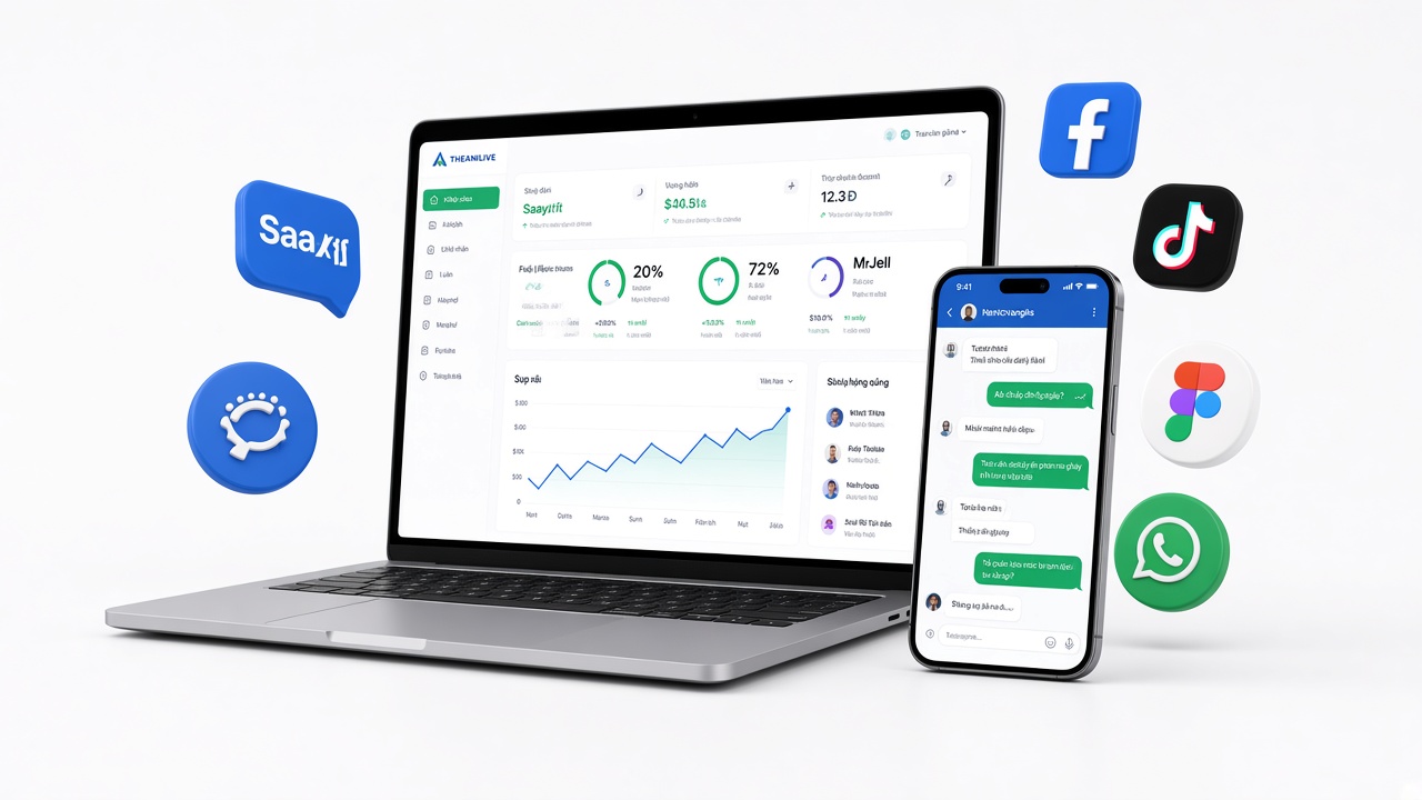 Laptop báo cáo Ads và điện thoại inbox TheAnhLive
