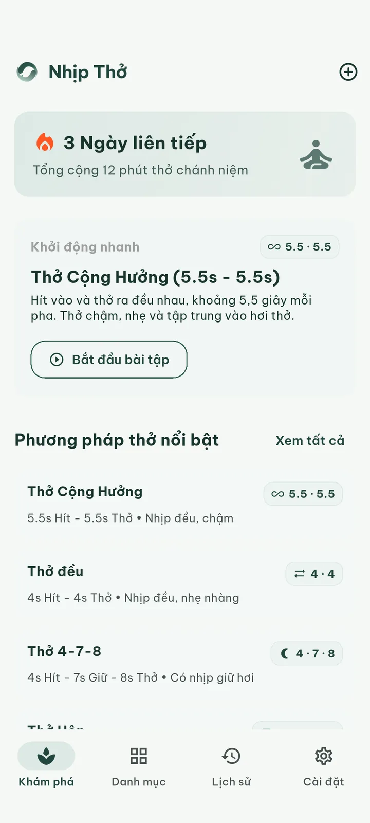 Màn hình chính của Nhịp Thở: khởi động nhanh và danh sách bài tập thở để chọn