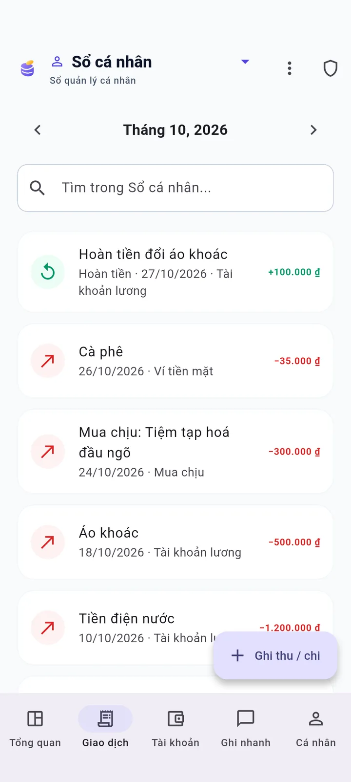 Danh sách Giao dịch tháng 10/2026: khoản Hoàn tiền đổi áo khoác +100.000 đ, Cà phê, Mua chịu ở tiệm tạp hoá đầu ngõ 300.000 đ, Áo khoác và Tiền điện nước. Số liệu minh hoạ.