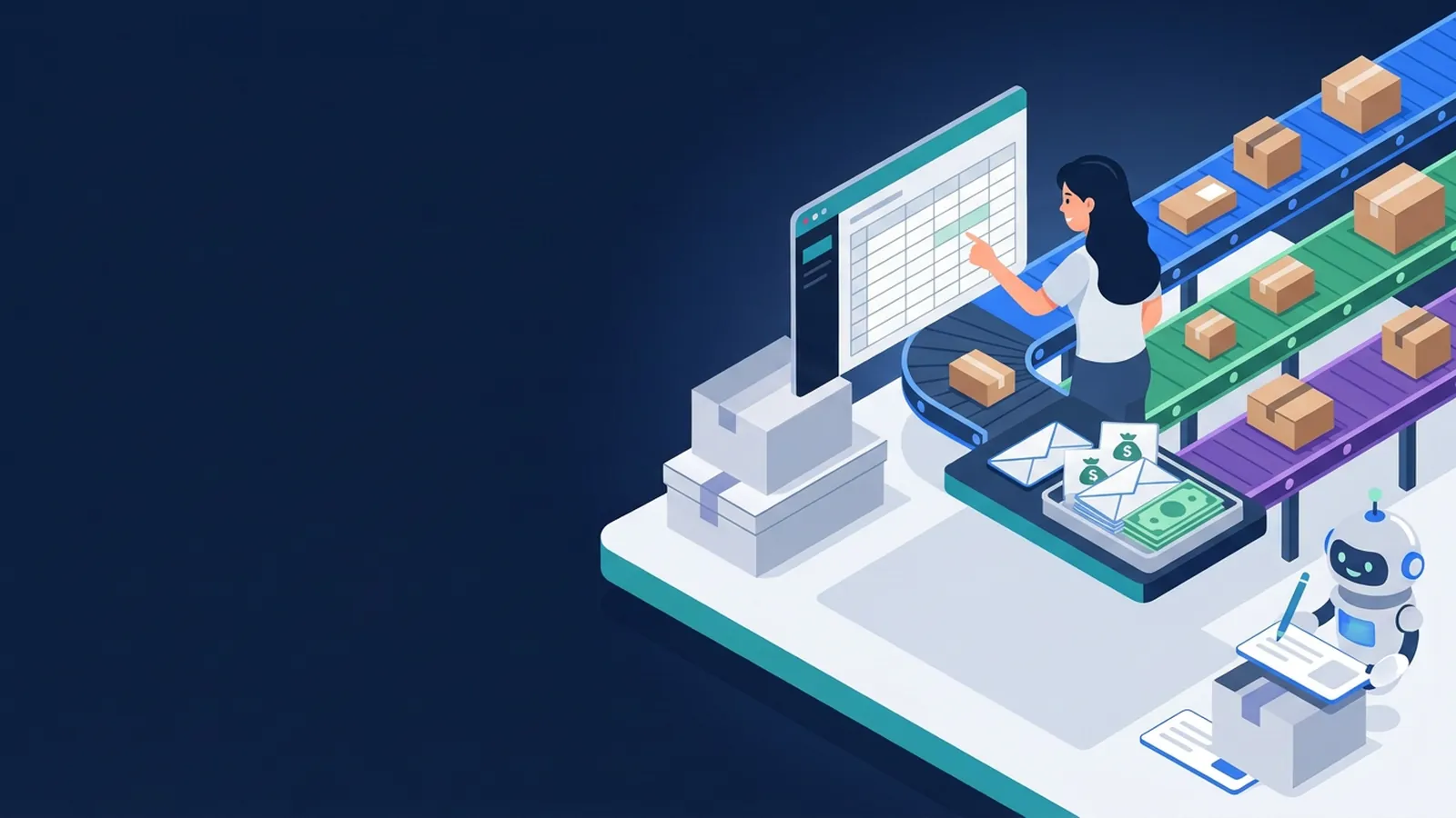Kiện hàng từ ba kênh bán nhập vào một bảng đối soát, cùng phong bì tiền thu hộ, chủ shop và trợ lý AI kiểm tra