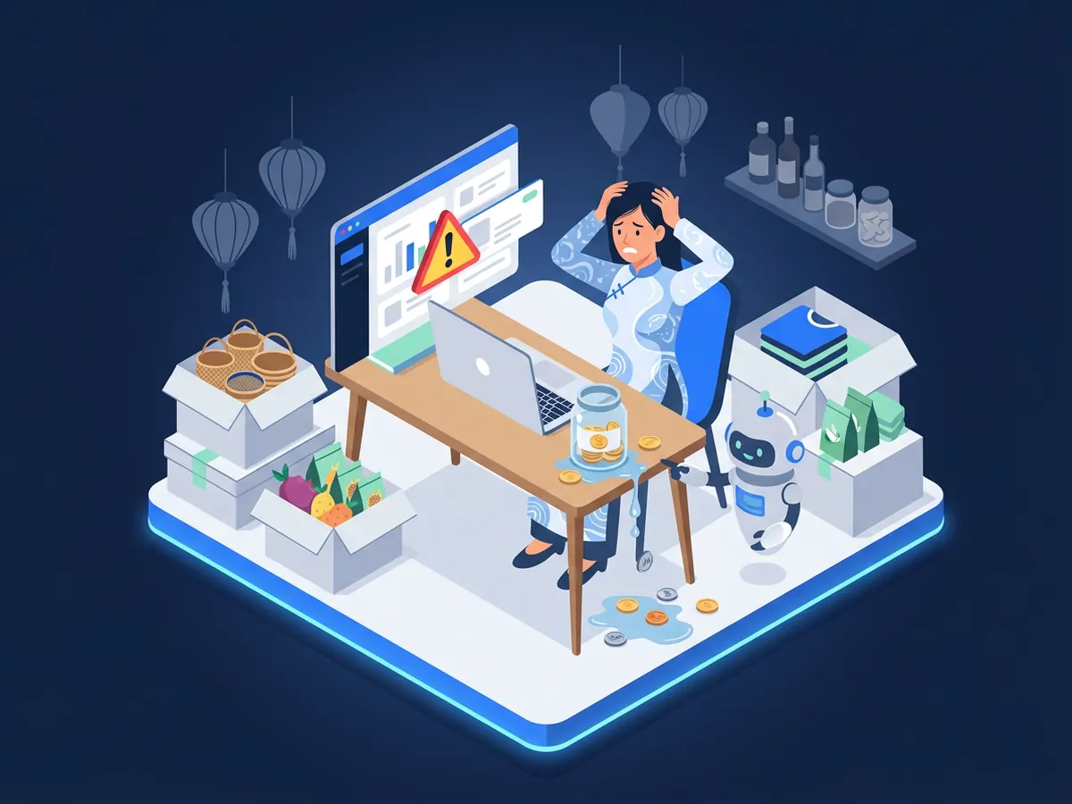 Chủ shop lo lắng nhìn bảng quảng cáo có cảnh báo, hũ tiền bị rò rỉ và trợ lý AI chỉ vào chỗ hở