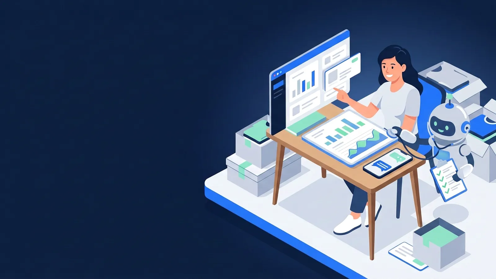 Chủ shop và trợ lý AI kiểm tra tài khoản quảng cáo như một buổi khám sức khỏe, với bảng số liệu và danh sách tick xanh