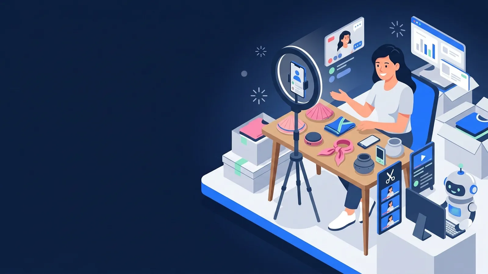 Góc livestream nhỏ với đèn vòng và điện thoại trên chân máy, chủ shop giới thiệu sản phẩm, trợ lý AI cắt buổi live thành các clip ngắn