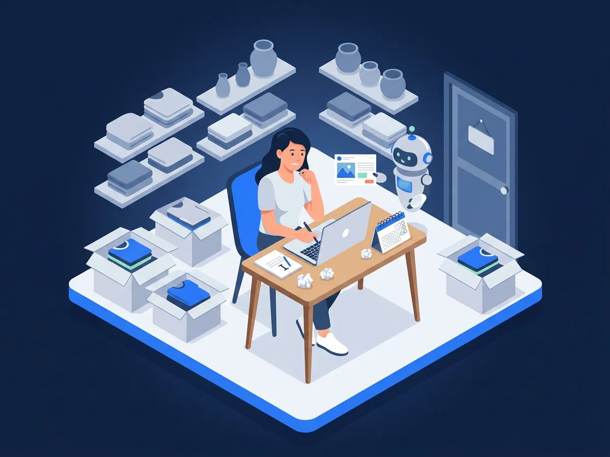 Chủ shop với bài viết dang dở, giấy nháp nhàu và lịch trống, trợ lý AI đưa bài viết sẵn sàng để duyệt