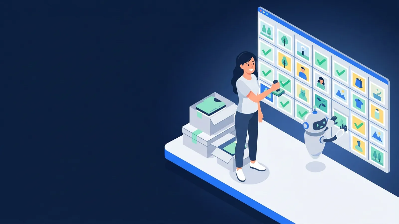 Bức tường lịch nội dung với các thẻ bài viết và dấu tick duyệt xanh, chủ shop duyệt bài cùng trợ lý AI