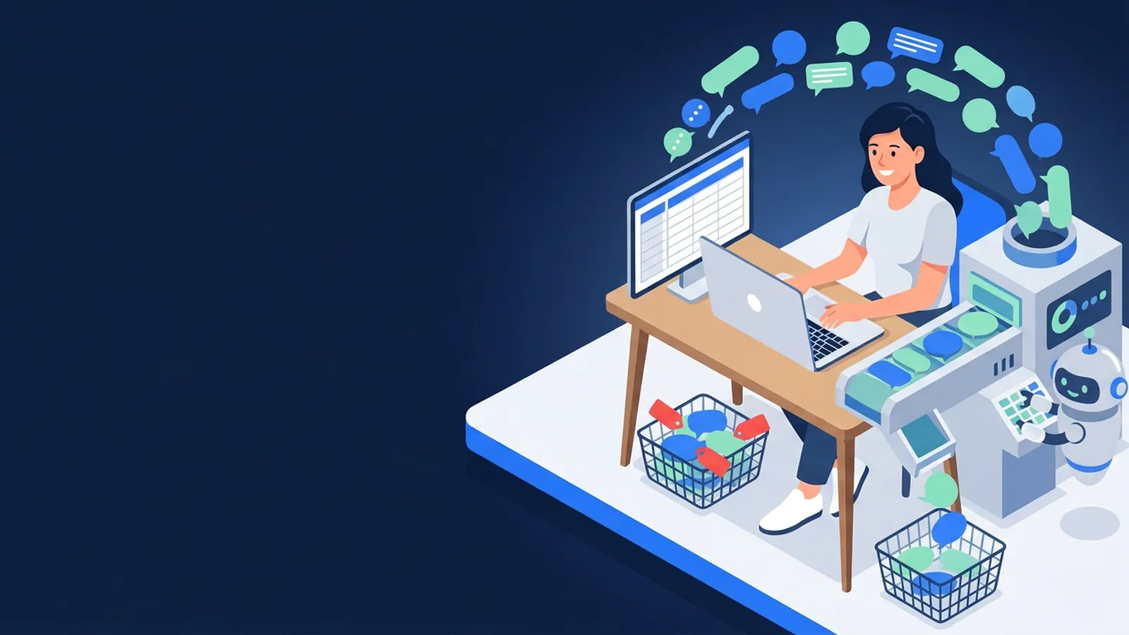 Nhiều bong bóng tin nhắn chạy vào máy phân loại do trợ lý AI vận hành, được xếp vào các giỏ, chủ shop kiểm tra