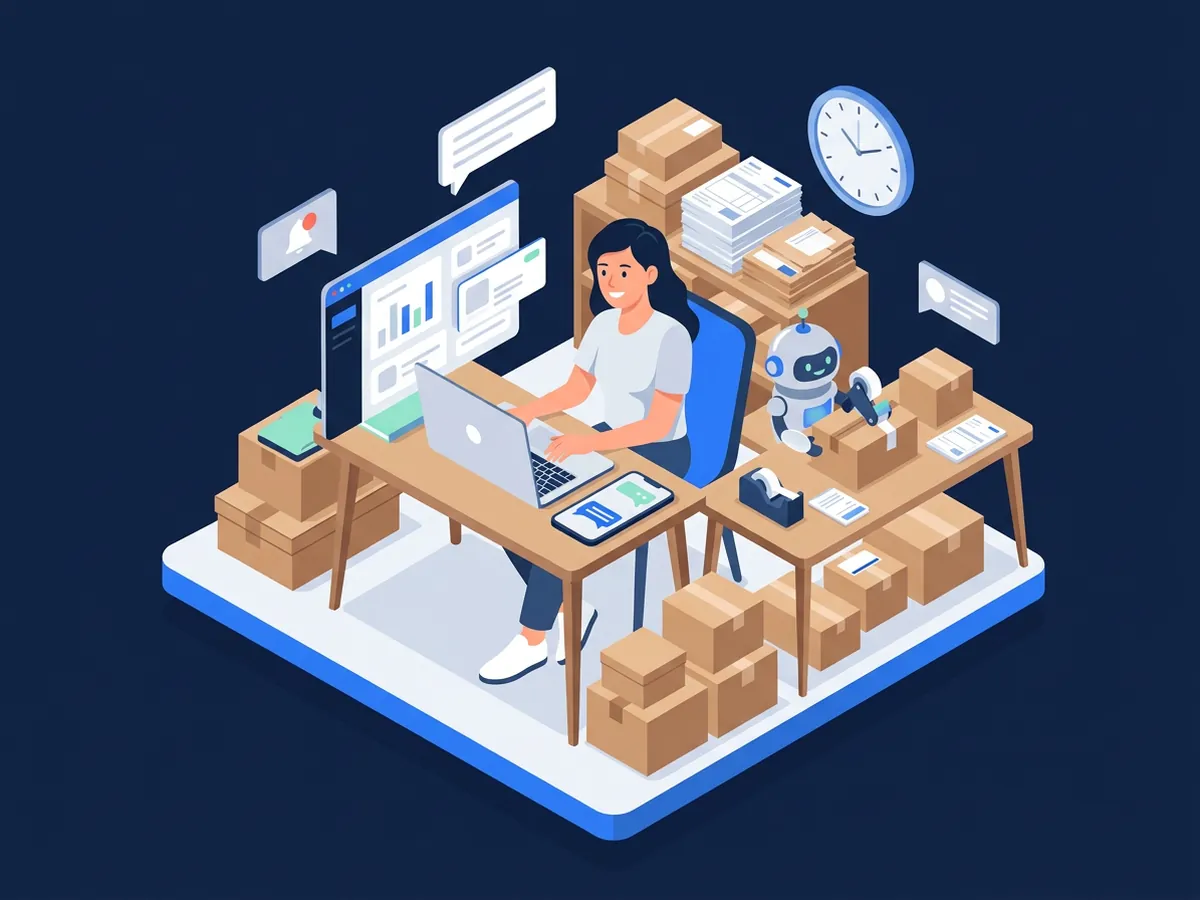 Chủ shop vừa đóng gói vừa trả lời tin nhắn trong một gian hàng, đồng hồ và chồng đơn hàng, trợ lý AI hỗ trợ