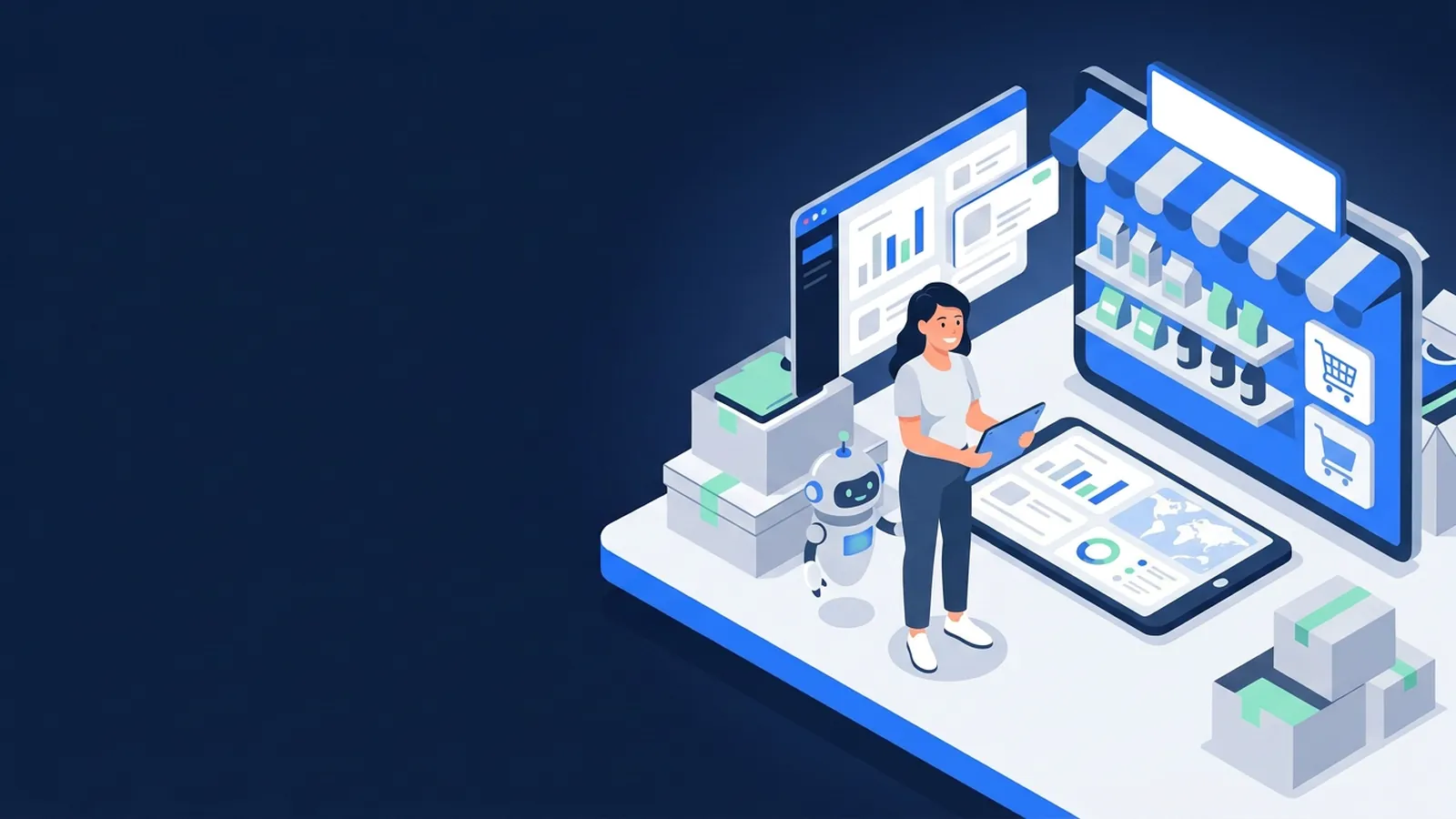 Một gian hàng trực tuyến tông xanh dương với kệ hàng và biển, chủ shop và trợ lý AI quản lý qua máy tính bảng