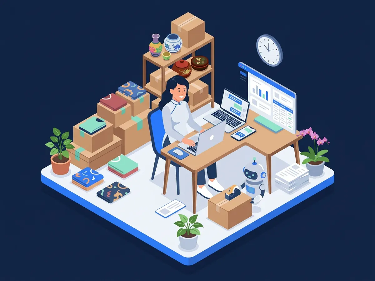 Chủ shop vừa đóng gói vừa trả lời tin nhắn trong một gian hàng, đồng hồ và chồng đơn hàng, trợ lý AI hỗ trợ