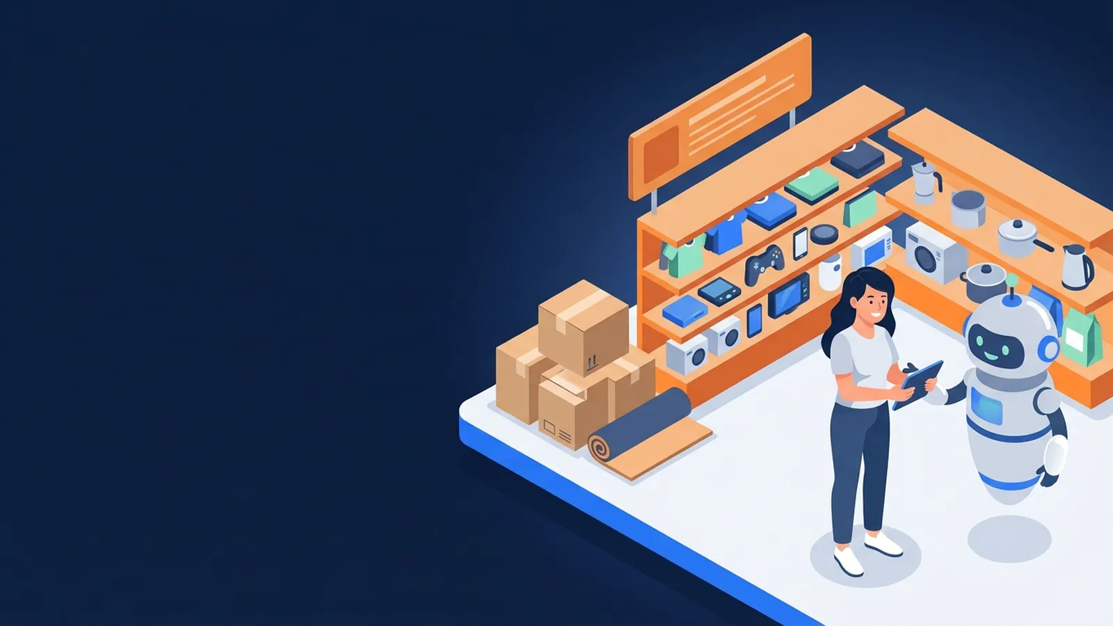 Một gian hàng trực tuyến tông cam với kệ hàng và biển, chủ shop và trợ lý AI quản lý qua máy tính bảng
